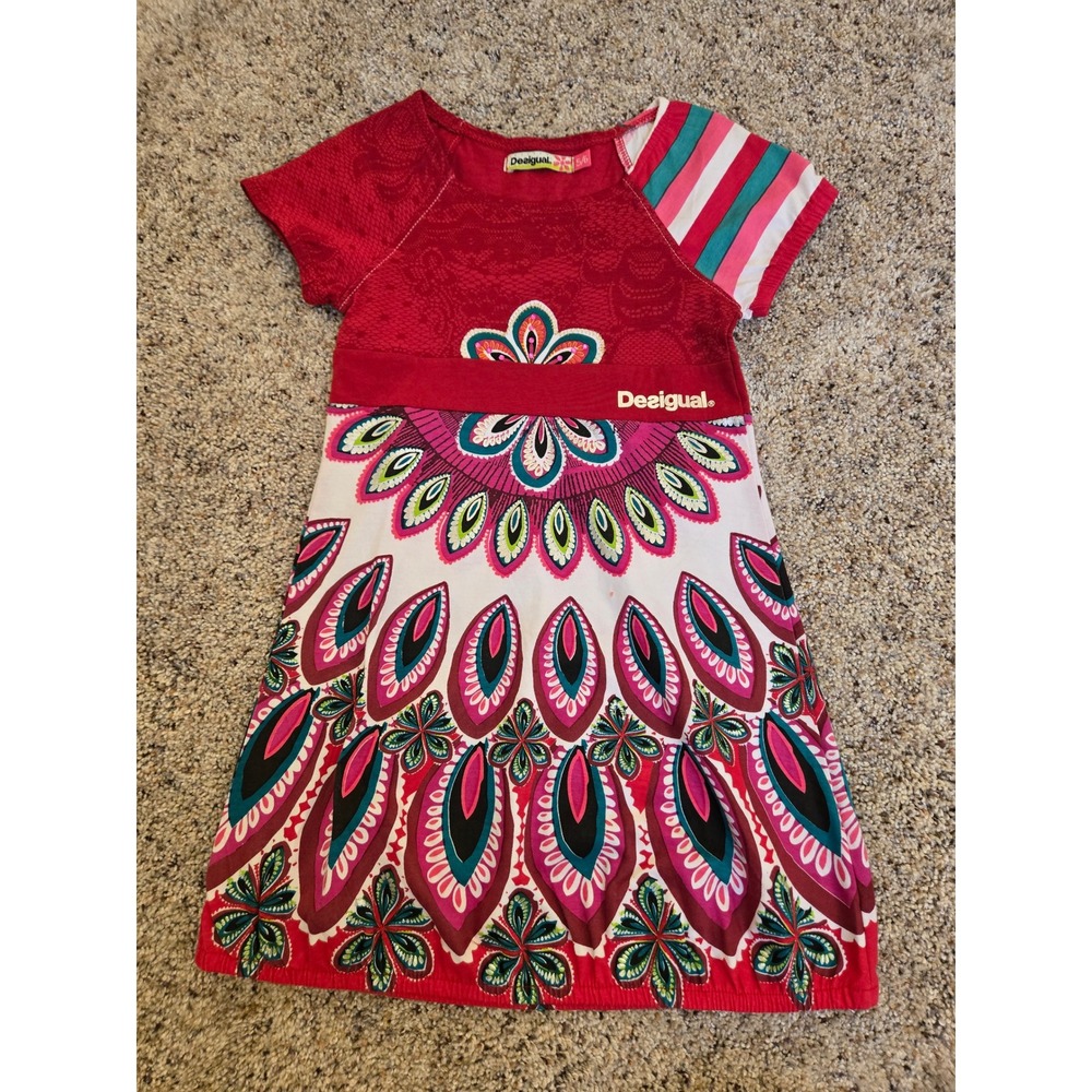 Desigual Girls Printed Boho Dress Size 5/6 Colorful Mandala Short‎ Sleeve